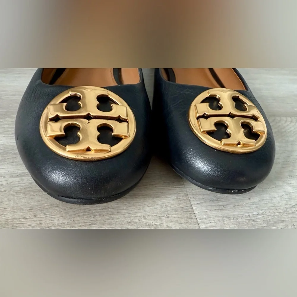 Tory Burch Benton Ballet Flats Shoes Black Nappa Leather Gold Tone Logo Size 6